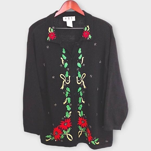 OHI Womens Cardigan Sz 2X Black Red Green Christmas Holiday‎ Sweater Cotton Vtg - Picture 1 of 13